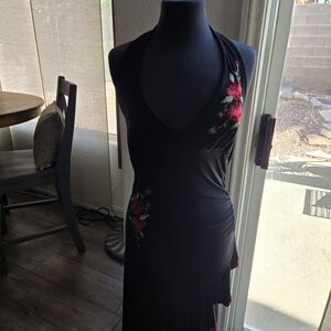 Body Central Black Halter Maxi Dress with Red Floral Embroidery